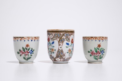 Three Chinese famille rose cups and saucers, Qianlong