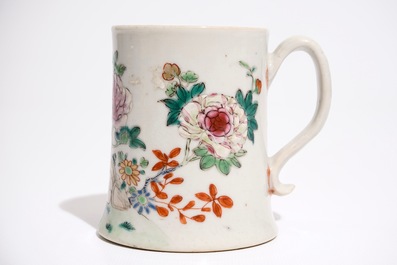 A Chinese famille rose mug with flowers and rockwork, Qianlong