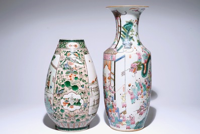 A Chinese famille verte silk production vase and a famille rose "Hundred boys" vase, 19/20th C.