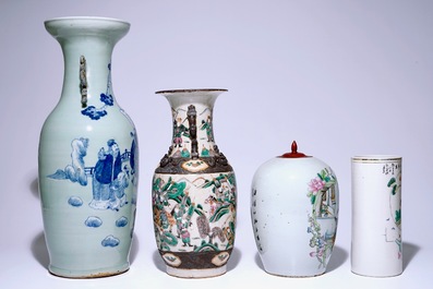 Four various Chinese vases, incl. blue and white on a celdon ground and famille rose, 19/20th C.