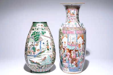 A Chinese famille verte silk production vase and a famille rose "Hundred boys" vase, 19/20th C.