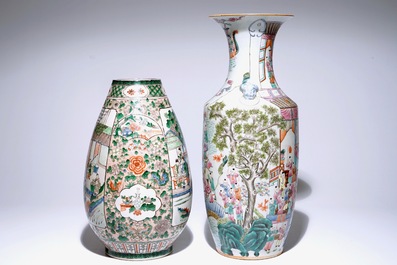A Chinese famille verte silk production vase and a famille rose "Hundred boys" vase, 19/20th C.