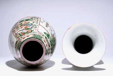 A Chinese famille verte silk production vase and a famille rose "Hundred boys" vase, 19/20th C.
