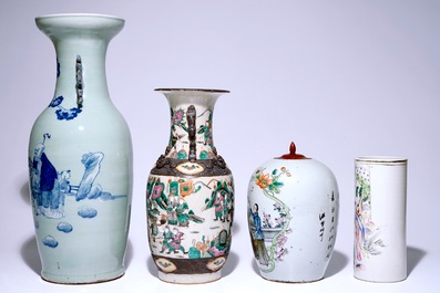 Four various Chinese vases, incl. blue and white on a celdon ground and famille rose, 19/20th C.
