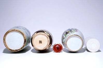 Four various Chinese vases, incl. blue and white on a celdon ground and famille rose, 19/20th C.