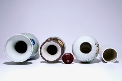 Four various Chinese vases, incl. blue and white on a celdon ground and famille rose, 19/20th C.