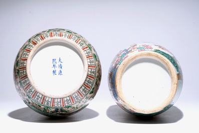 A Chinese famille verte silk production vase and a famille rose "Hundred boys" vase, 19/20th C.