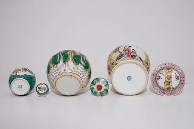 Two Chinese famille rose vases and covers and a small covered famille verte ginger jar, 19/20th C.