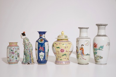 Five Chinese famille rose vases and a standing figure, 19/20th C.