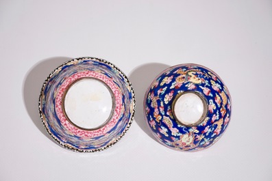 A Chinese Canton enamel blue ground dragon cup and saucer, 19th C.