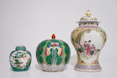 Two Chinese famille rose vases and covers and a small covered famille verte ginger jar, 19/20th C.