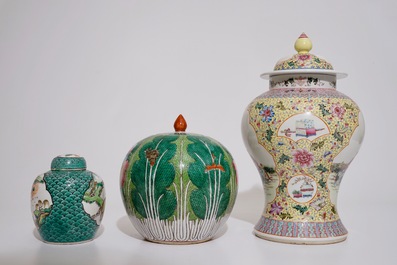 Two Chinese famille rose vases and covers and a small covered famille verte ginger jar, 19/20th C.