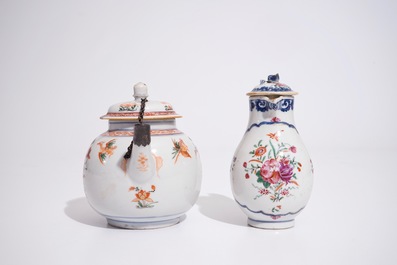 A Chinese famille verte teapot, Kangxi, and a famille rose milk jug, Qianlong