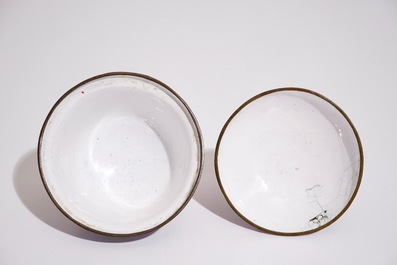 A Chinese Canton enamel blue ground dragon cup and saucer, 19th C.