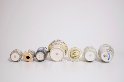 Five Chinese famille rose vases and a standing figure, 19/20th C.