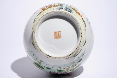 A Chinese famille rose hu vase with phoenixes and deer head handles, Qianlong mark, 19/20th C.