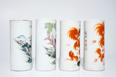 Four Chinese famille rose and iron red hat stands, 19/20th C.