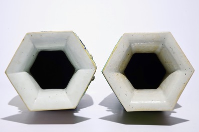 Two Chinese famille rose hexagonal relief-decorated vases, 19th C.