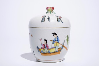 A fine Chinese famille rose on sgraffiato ground bowl and cover, Jiaqing mark, 19/20th C.