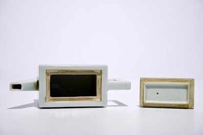 A square Chinese celadon glazed teapot with relief design, Qianlong mark, 19/20th C.