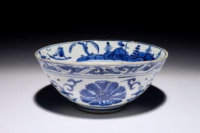 A blue and white Chinese bowl with a landscape design, Ming, Wanli/Jiajing
