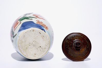 A small Chinese wucai jar with a by riding a kylin, Transitional period, Shunzhi