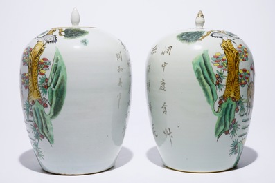 A pair of Chinese famille rose covered jars with cranes and deers, 19/20th C.