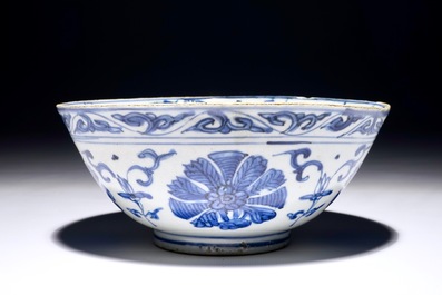 A blue and white Chinese bowl with a landscape design, Ming, Wanli/Jiajing