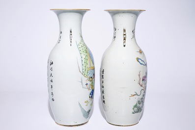 Two tall Chinese famille rose vases with calligraphy, 19/20th C.