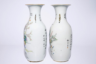 Two tall Chinese famille rose vases with calligraphy, 19/20th C.