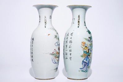 Two tall Chinese famille rose vases with calligraphy, 19/20th C.