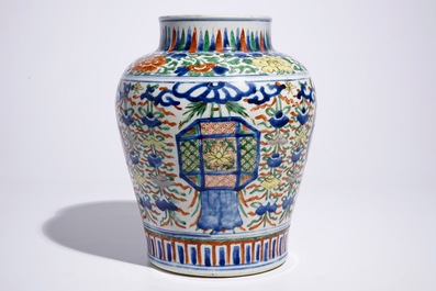 A Chinese Transitional wucai vase with buddhist emblems, Transitional period, Chongzhen/Shunzhi