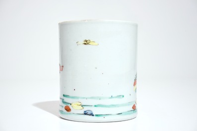 A cylindrical Chinese famille rose brushpot with figures in a garden, Qianlong