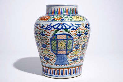 A Chinese Transitional wucai vase with buddhist emblems, Transitional period, Chongzhen/Shunzhi