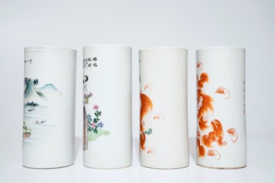 Four Chinese famille rose and iron red hat stands, 19/20th C.