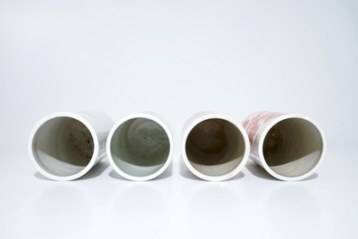 Four Chinese famille rose and iron red hat stands, 19/20th C.