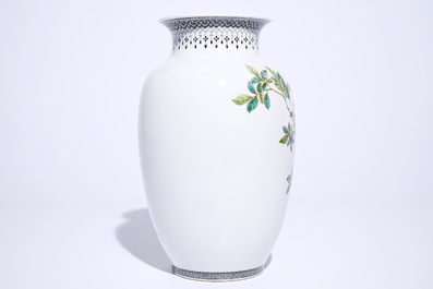 A fine Chinese famille rose vase with birds among flowers, Republic, 20th C.