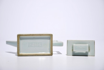 A square Chinese celadon glazed teapot with relief design, Qianlong mark, 19/20th C.