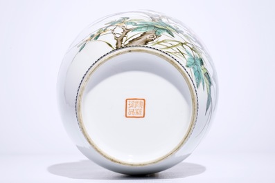 A fine Chinese famille rose vase with birds among flowers, Republic, 20th C.