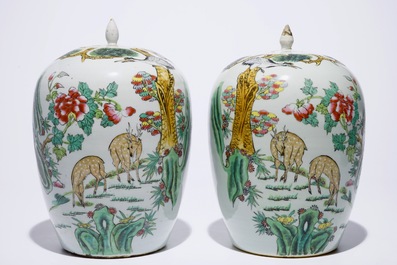 A pair of Chinese famille rose covered jars with cranes and deers, 19/20th C.