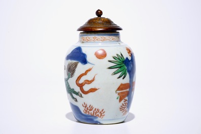 A small Chinese wucai jar with a by riding a kylin, Transitional period, Shunzhi