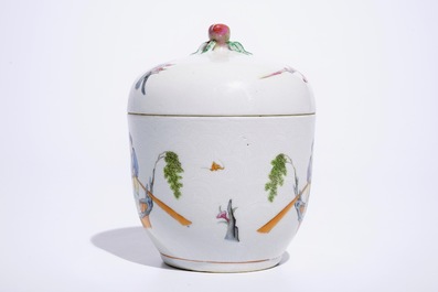 A fine Chinese famille rose on sgraffiato ground bowl and cover, Jiaqing mark, 19/20th C.