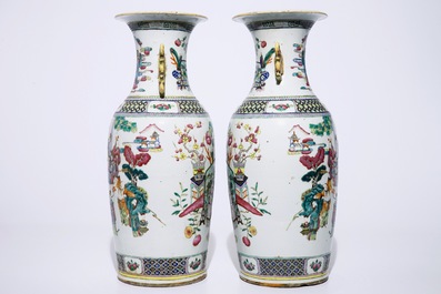 A pair of Chinese famille rose vases with "100 antiquities" design, 19th C.