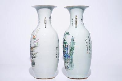 Two tall Chinese famille rose vases with calligraphy, 19/20th C.