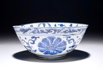 A blue and white Chinese bowl with a landscape design, Ming, Wanli/Jiajing