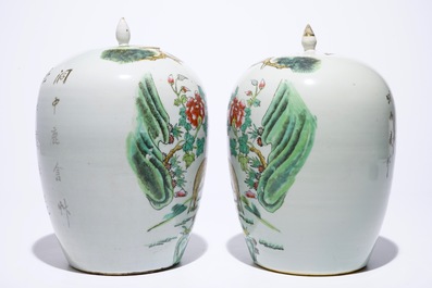 A pair of Chinese famille rose covered jars with cranes and deers, 19/20th C.