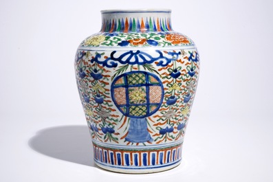 A Chinese Transitional wucai vase with buddhist emblems, Transitional period, Chongzhen/Shunzhi
