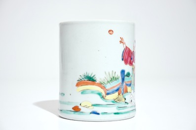 A cylindrical Chinese famille rose brushpot with figures in a garden, Qianlong