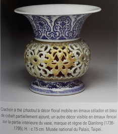 A rare blue, white and lavender-glazed reticulated revolving zhadou spittoon, Qianlong mark, 19/20th C.