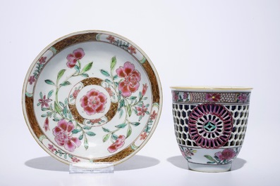 A Chinese double-walled famille rose cup and saucer, Yongzheng/Qianlong